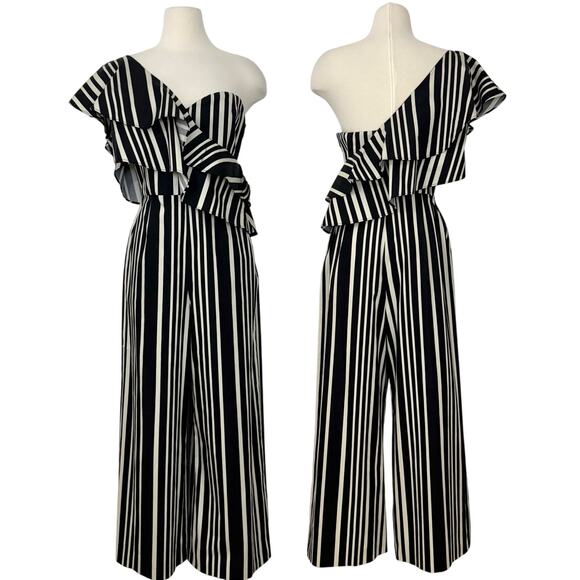 Alice + Olivia Sabeen Striped One-Shoulder Jumpsuit Ruffle Black/White 12 NWT - Picture 1 of 11